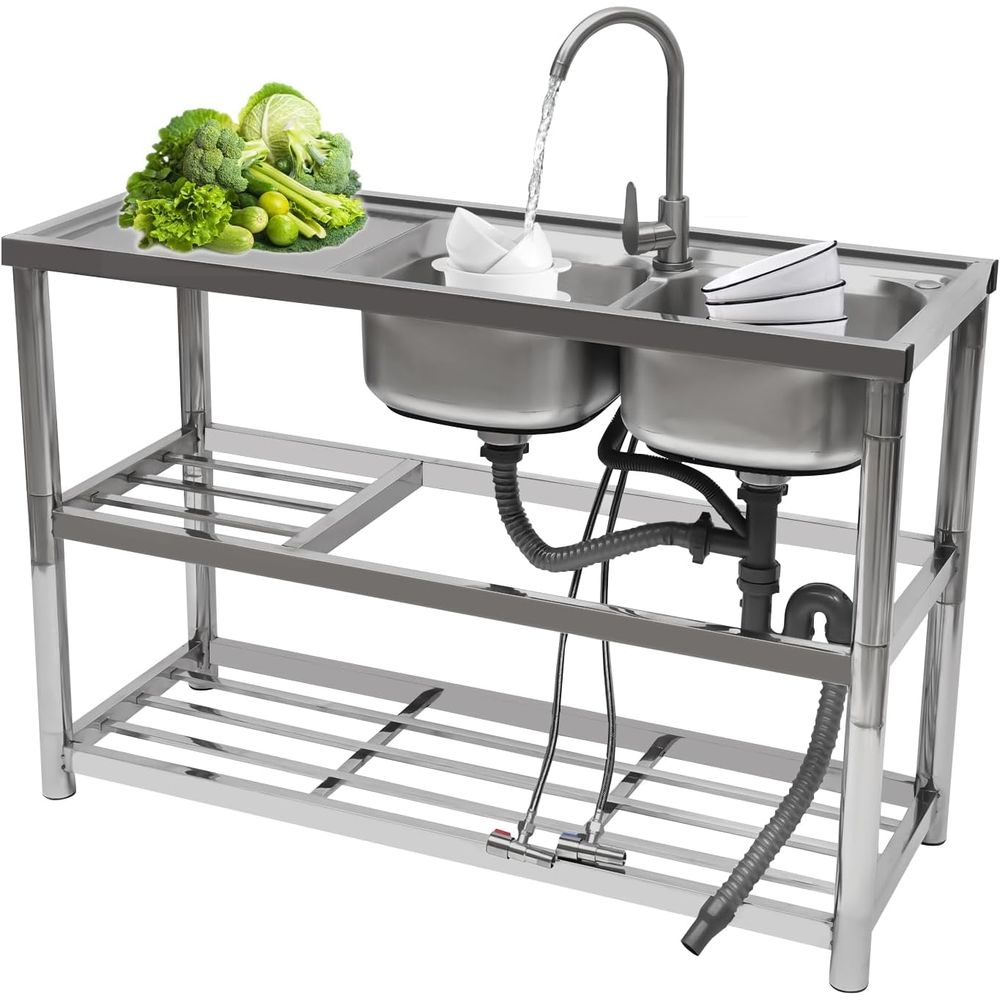 Commercial Kitchen Faucets - Commercial Stainless Steel Double Bowl Kitchen